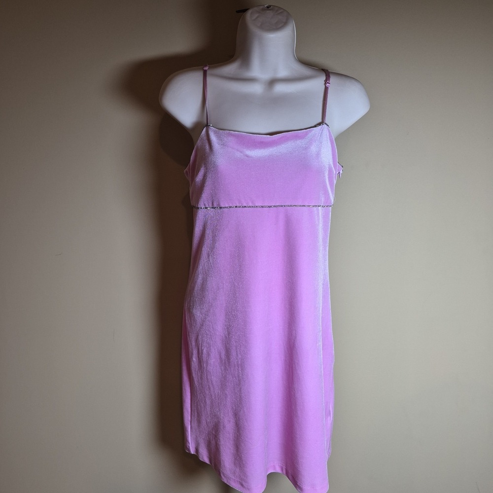 Urban Outfitters Pink Velvet Rhinestone Trim Mini Dress Y2K Slip Dress Small